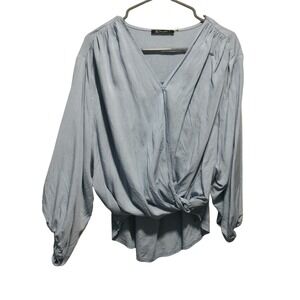 SimpLee Women's Light Blue Long Sleeve V-Neck Knot Front Blouse Top size L‎